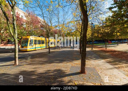 I visitatori della città si godono il sole e scattano foto a Jamison Square Foto Stock