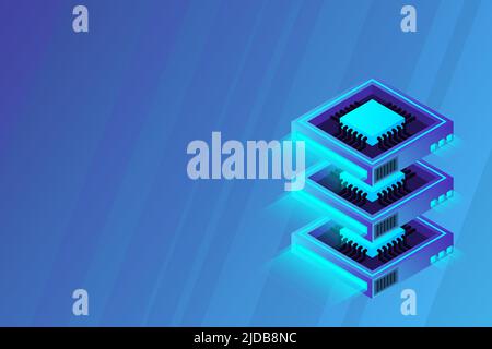 Computer quantistico, elaborazione di grandi quantità di dati, sala server, intelligenza artificiale, concetto di base dati, il vettore isometrico del microprocessore Illustrazione Vettoriale