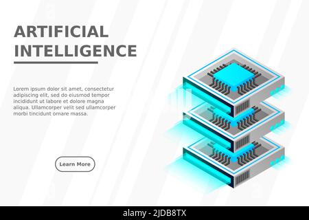 Computer quantistico, elaborazione di grandi quantità di dati, sala server, intelligenza artificiale, concetto di base dati, il vettore isometrico del microprocessore Illustrazione Vettoriale