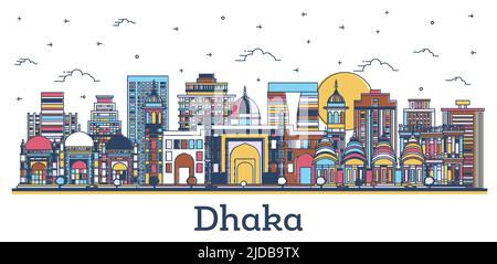 Profilo Dhaka Bangladesh City Skyline con colorati edifici storici isolati su bianco. Illustrazione vettoriale. Paesaggio urbano di Dhaka con punti di riferimento. Illustrazione Vettoriale