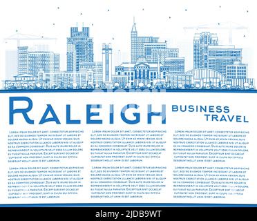 Delimita lo skyline di Raleigh North Carolina con edifici blu e spazio per la copia. Illustrazione vettoriale. Paesaggio urbano di Raleigh con punti di riferimento. Illustrazione Vettoriale