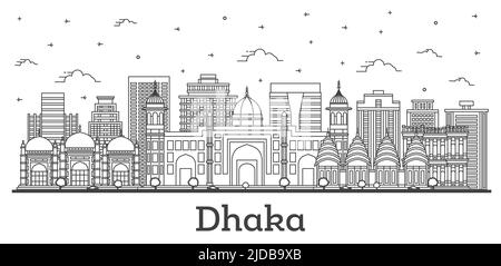 Delineate lo skyline di Dhaka Bangladesh con edifici storici isolati su White. Illustrazione vettoriale. Paesaggio urbano di Dhaka con punti di riferimento. Illustrazione Vettoriale
