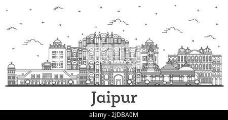 Profilo Jaipur India City Skyline con edifici storici isolati su bianco. Illustrazione vettoriale. Jaipur paesaggio urbano con punti di riferimento. Illustrazione Vettoriale