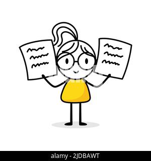Donna d'affari tiene un foglio di carta su sfondo bianco. Donna noodle disegnata a mano. Illustrazione dello stock vettoriale. Illustrazione Vettoriale