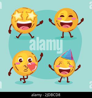 quattro icone dei volti emoji Illustrazione Vettoriale