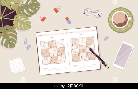 Sudoku gioco. Concetto di apprendimento e tempo libero. Vista dall'alto sul luogo di lavoro. Compito per lo sviluppo del pensiero logico e la formazione del cervello. Illustrazione vettoriale nella Illustrazione Vettoriale