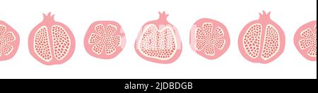 Sfondo del bordo con motivo melograno. Striscione continuo per frutta sana e disegnata a mano. Illustrazione Vettoriale