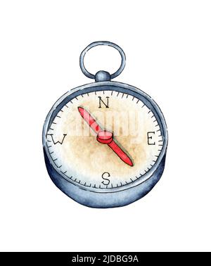 Illustrazione dell'acquerello di una bussola d'epoca blu con una freccia rossa. Per la progettazione di composizioni di design sul tema del turismo, escursioni, Outdoor rec Foto Stock