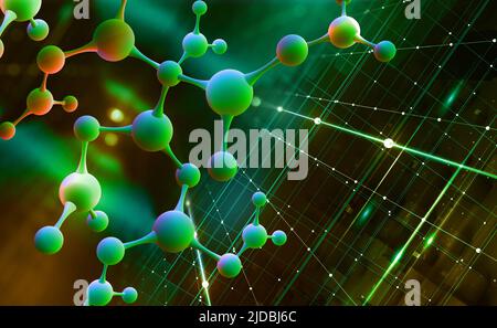 Modello di molecola astratto. Nanostruttura digitale. Ricerca scientifica in chimica molecolare. 3D illustrazione su sfondo verde perla Foto Stock