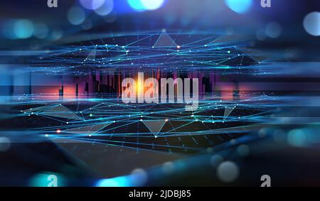 Cyber città. Tecnologia digitale e Bigdata. Rete Blockchain e intelligenza artificiale. 3D illustrazione dello spazio urbano in una nuova realtà intelligente Foto Stock
