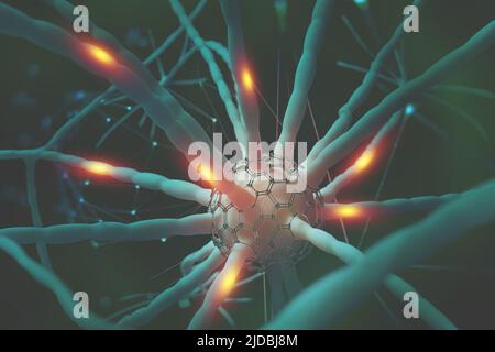 Reti neurali. Nanotecnologia nello studio del cervello umano. 3D illustrazione sul tema dell'intelligenza artificiale Foto Stock