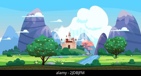 Fantasy paesaggio, castello, colline verdi, alberi in fiore, primavera, montagne, panorama. Illustrazione di sfondo del cartone animato vettoriale Illustrazione Vettoriale