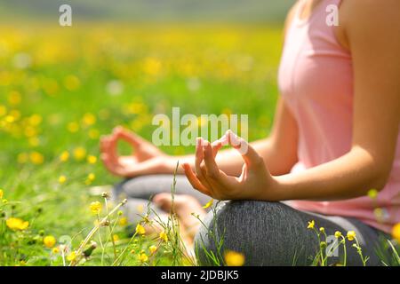 Primo piano ritratto di uno yoga mani esercizio yoga in un campo verde in primavera Foto Stock