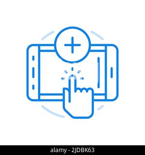 Icona della linea vettoriale del dispositivo elettronico di accensione. Attivazione tattile del gadget intelligente. Pressione delle dita sullo schermo dello smartphone. Moderno collegamento sensore technol Illustrazione Vettoriale