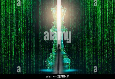 Gioco di scacchi dietro gli indicatori della tabella del forex o grafico del mercato azionario in background astratto. Concetto di business per presentare informazioni finanziarie e m digitale Foto Stock