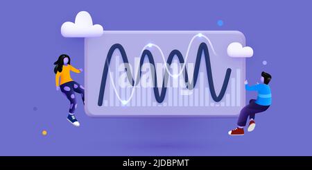 Persone che interagiscono con i grafici, analizzando statistiche e dati. Elementi della soluzione aziendale. Concetto di lavoro di squadra. Illustrazione vettoriale Illustrazione Vettoriale