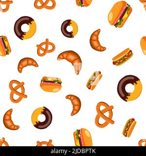 modello senza cuciture di fast food, hamburger, hot dog e ciambella. illustrazione vettoriale su sfondo bianco Illustrazione Vettoriale