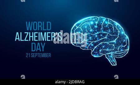 Struttura a reticolo cerebrale umana. Il concetto di Giornata Mondiale di Alzheimer. Modello banner con basso cervello di polybrain incandescente. Astratto moderno futuristico. Isolato al buio Illustrazione Vettoriale