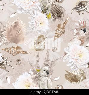 acquerello senza cuciture boho pattern. pappagalli, fiori e conchiglie. beige pattern Foto Stock