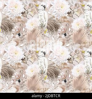 acquerello senza cuciture boho pattern. pappagalli, fiori e conchiglie. beige pattern Foto Stock