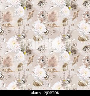 acquerello senza cuciture boho pattern. pappagalli, fiori e conchiglie. beige pattern Foto Stock