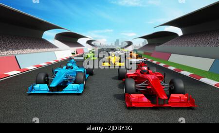 Auto da corsa senza marchio sul circuito da corsa. 3D illustrazione. Foto Stock