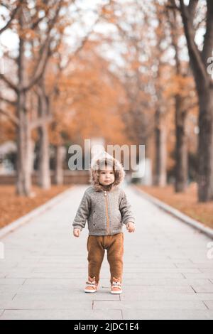 Cute baby girl 1-2 anni indossare giacca con cappuccio e pantaloni a piedi nel parco autunno sopra le foglie cadute e la natura all'aperto. Stagione autunnale. Infanzia. Poco Foto Stock