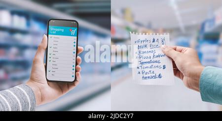 Lista degli acquisti tradizionale scritta a mano e lista dei generi alimentari digitali su un confronto di app per smartphone, corridoio supermercato in background Foto Stock