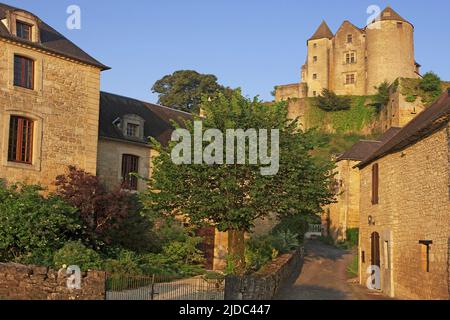 Francia, Dordogne Salignac-Eyvigues, il villaggio dominato dal suo castello Foto Stock