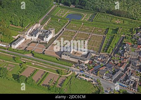 Francia, Indre-et-Loire, Villandry i giardini del castello (vista aerea) Foto Stock