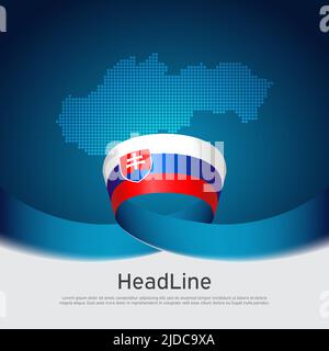 Bandiera della Slovacchia, mappa a mosaico su sfondo bianco blu. Nastro ondulato con bandiera slovacca. Banner vettoriale tricolore, poster nazionale slovacco. Coperchio Illustrazione Vettoriale