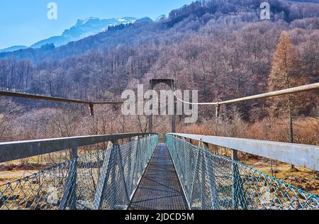 Passeggiata sul ponte sospeso che attraversa il fiume Verzasca con vista sulle foreste montane della Valle Verzasca, Frasco, Svizzera Foto Stock
