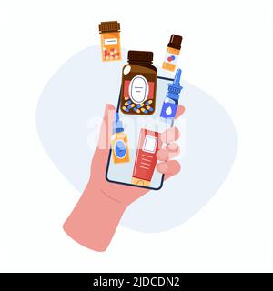 Acquisto di farmaci con telefono cellulare, farmacia online store.Vector illustrazione Illustrazione Vettoriale