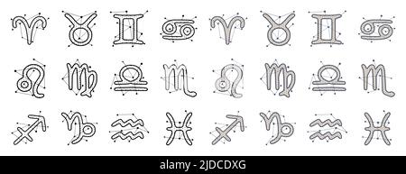 Segni zodiacali in stile disegnato a mano isolato su sfondo bianco. Oroscopo simboli cosmico clip art design. Illustrazione Vettoriale