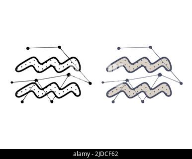 Illustrazione vettoriale del segno zodiacale Aquarius in stile disegnato a mano isolato su sfondo bianco. Oroscopo simbolo cosmico design. Illustrazione Vettoriale