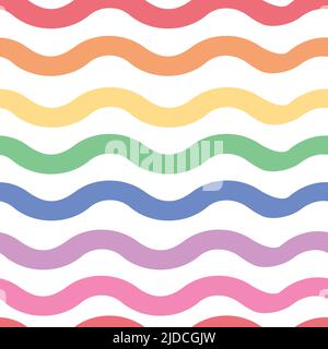 Motivo vettoriale senza cuciture con linee ondulate arcobaleno su sfondo bianco. Semplice design di sfondo simbolo d'amore. Felice morbido tessile moda. Illustrazione Vettoriale