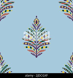 Pattern vettoriale senza giunture con piuma nativa su sfondo blu. Carta da parati Yoga tribale disegnata a mano. Decorativo etnia simbolo moda tessile. Illustrazione Vettoriale