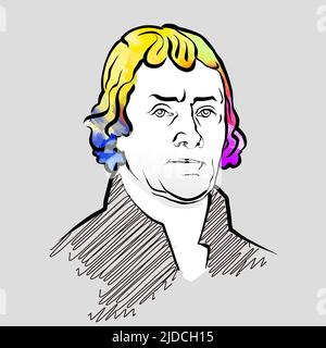 Thomas Jefferson disegno vettoriale colorato dei capelli. Schizzo del contorno disegnato a mano. Disegno da utilizzare su qualsiasi progetto di marketing e per la rivendita come stampa. Illustrazione Vettoriale