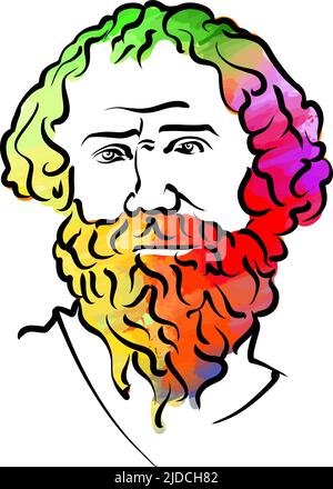 Archimede di Siracusa disegno colorato vettore capelli. Schizzo del contorno disegnato a mano. Disegno da utilizzare su qualsiasi progetto di marketing e per la rivendita come stampa. Illustrazione Vettoriale