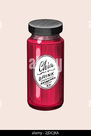 Chia semi in un vaso di vetro.. Salvia hispanica. Imballaggio delle spezie. Condimento o aroma o granulo o grano. Inciso a mano disegnato in vecchio schizzo e. Illustrazione Vettoriale