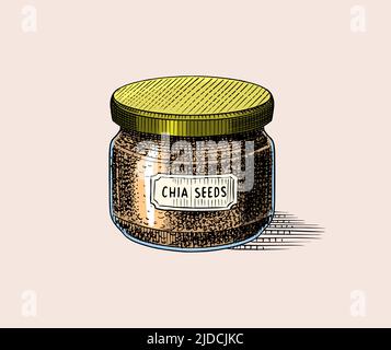 Chia semi in un vaso di vetro.. Salvia hispanica. Imballaggio delle spezie. Condimento o aroma o granulo o grano. Inciso a mano disegnato in vecchio schizzo e. Illustrazione Vettoriale