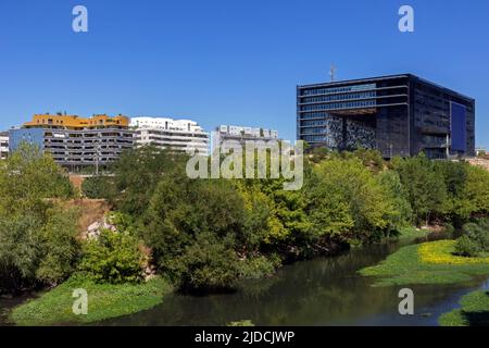 Distretto di Port Marianne, nuovo Municipio. Architetto Jean Nouvel. Nuova zona residenziale. Le rive del Lez. Montpellier, Occitanie, Francia Foto Stock