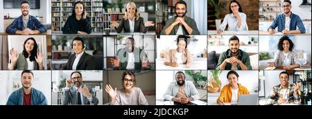 Collage mosaico panoramico di volti di un gruppo multirazziale di uomini e donne sorridenti di successo, di diverse età, esprimendo emozioni diverse, guardando la macchina fotografica. Diversità concetto di persone. Foto Stock