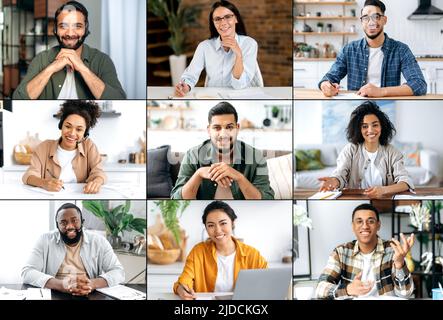 Collage di un gruppo di giovani adulti moderni multirazziali, freelance positivi o studenti che guardano la macchina fotografica sorridendo amichevole. Volti di uomini e donne felici di diverse nazionalità Foto Stock