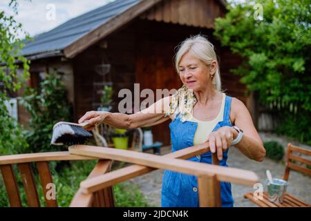 Donna anziana che pulisce i mobili da giardino e che prepara il giardino per l'estate Foto Stock