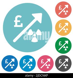 Energia nucleare in aumento inglese Pound prezzi icone bianche piatte su sfondi tondi colore Illustrazione Vettoriale
