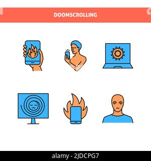 Icona delle notizie difettose impostata in stile linea colorata. Doomscrolling, doom surf simboli. Illustrazione vettoriale. Illustrazione Vettoriale