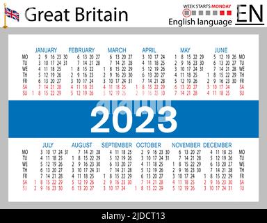 Calendario tascabile orizzontale inglese per il 2023 (duemilventitré). La settimana inizia lunedì. Anno nuovo. Design semplice a colori. Vettore Illustrazione Vettoriale