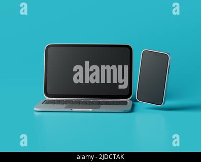 Semplice notebook leggero e smartphone con schermi vuoti 3D rappresentazione illustrazione. Oggetto isolato in background Foto Stock