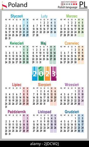 Calendario tascabile verticale polacco per il 2023 (duemilventitré). La settimana inizia lunedì. Anno nuovo. Design semplice a colori. Vettore Illustrazione Vettoriale